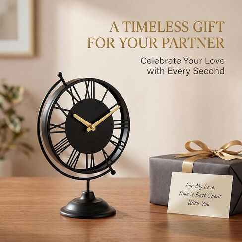 Vintage Black Globe Desk Clock - Silent Non-Ticking 10.8" Table Clock with Roman Numerals - Battery Operated Decorative Metal Shelf Clock for Living Room, Bedroom, Office, Mantel Decor in Saudi Arabia
