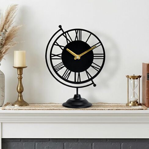 Vintage Black Globe Desk Clock - Silent Non-Ticking 10.8" Table Clock with Roman Numerals - Battery Operated Decorative Metal Shelf Clock for Living Room, Bedroom, Office, Mantel Decor in Saudi Arabia