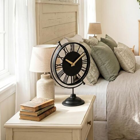 Vintage Black Globe Desk Clock - Silent Non-Ticking 10.8" Table Clock with Roman Numerals - Battery Operated Decorative Metal Shelf Clock for Living Room, Bedroom, Office, Mantel Decor in Saudi Arabia