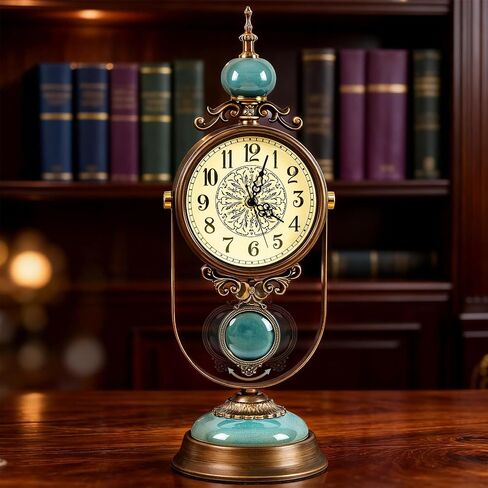 Large Mantel Clock for Fireplace, Silent Vintage Table Clock, Decorative Blue Glazed Ceramic Metal Frame Pendulum Desk Clock for Farmhouse & Living Room Decor, Ideal Housewarming Gift, 19.3 inch in Saudi Arabia