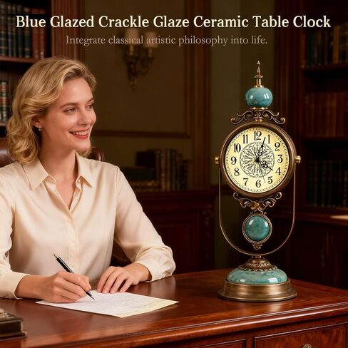 Large Mantel Clock for Fireplace, Silent Vintage Table Clock, Decorative Blue Glazed Ceramic Metal Frame Pendulum Desk Clock for Farmhouse & Living Room Decor, Ideal Housewarming Gift, 19.3 inch in Saudi Arabia