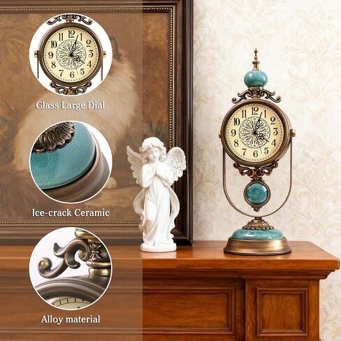 Large Mantel Clock for Fireplace, Silent Vintage Table Clock, Decorative Blue Glazed Ceramic Metal Frame Pendulum Desk Clock for Farmhouse & Living Room Decor, Ideal Housewarming Gift, 19.3 inch in Saudi Arabia