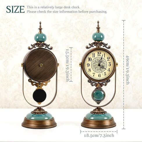 Large Mantel Clock for Fireplace, Silent Vintage Table Clock, Decorative Blue Glazed Ceramic Metal Frame Pendulum Desk Clock for Farmhouse & Living Room Decor, Ideal Housewarming Gift, 19.3 inch in Saudi Arabia