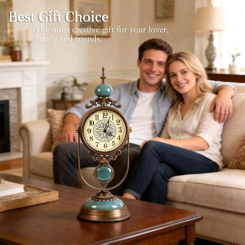 Large Mantel Clock for Fireplace, Silent Vintage Table Clock, Decorative Blue Glazed Ceramic Metal Frame Pendulum Desk Clock for Farmhouse & Living Room Decor, Ideal Housewarming Gift, 19.3 inch in Saudi Arabia
