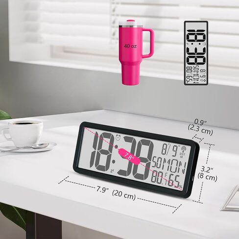 Digital LCD Atomic Desktop Clock, 7.8" Screen with Time, Date, Temperature, Humidity, Alarm, Snooze, DST, Time Zone for Home, Office (No Backlight) in Saudi Arabia