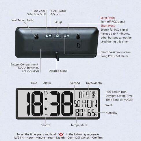 Digital LCD Atomic Desktop Clock, 7.8" Screen with Time, Date, Temperature, Humidity, Alarm, Snooze, DST, Time Zone for Home, Office (No Backlight) in Saudi Arabia
