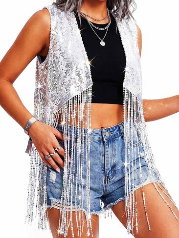 TWINKLEDE Fringe Sequin Vest Sparkly Disco Party Rave Sleeveless Jacket for Women in Kuwait