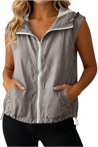 Women's Sleeveless UPF 50+ Hooded Vest Breathable Zip Up Sun Protection Jacket for Hiking Running Beach with Pockets in Kuwait