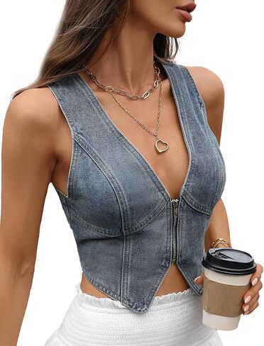 FEOYA Women Jean Crop Vest V Neck Denim Vest Western Casual Zipper Sleeveless Jacket Waistcoat in Kuwait