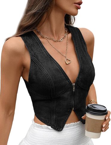 FEOYA Women Jean Crop Vest V Neck Denim Vest Western Casual Zipper Sleeveless Jacket Waistcoat in Kuwait