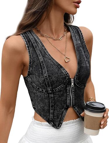 FEOYA Women Jean Crop Vest V Neck Denim Vest Western Casual Zipper Sleeveless Jacket Waistcoat in Kuwait