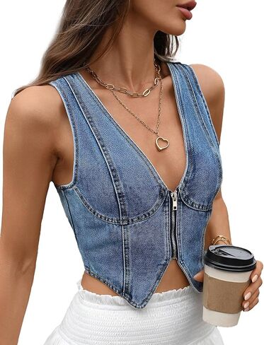FEOYA Women Jean Crop Vest V Neck Denim Vest Western Casual Zipper Sleeveless Jacket Waistcoat in Kuwait