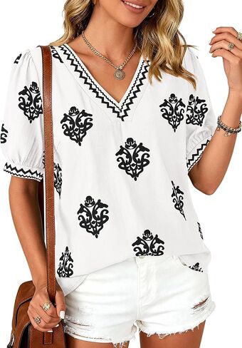 BTFBM Casual Summer T Shirts Going Out Tops for Women Beach Vacation Clothes Short Sleeve Blouses V Neck Boho Tunics in Kuwait