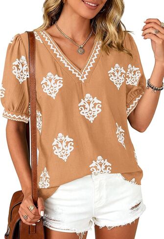 BTFBM Casual Summer T Shirts Going Out Tops for Women Beach Vacation Clothes Short Sleeve Blouses V Neck Boho Tunics in Kuwait