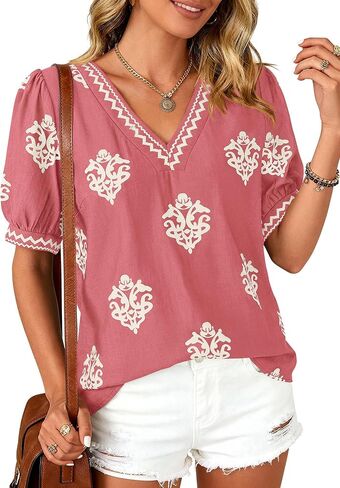 BTFBM Casual Summer T Shirts Going Out Tops for Women Beach Vacation Clothes Short Sleeve Blouses V Neck Boho Tunics in Kuwait