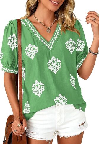 BTFBM Casual Summer T Shirts Going Out Tops for Women Beach Vacation Clothes Short Sleeve Blouses V Neck Boho Tunics in Kuwait