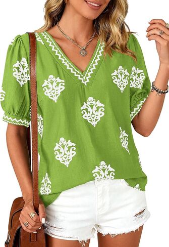 BTFBM Casual Summer T Shirts Going Out Tops for Women Beach Vacation Clothes Short Sleeve Blouses V Neck Boho Tunics in Kuwait