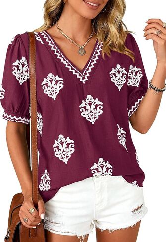 BTFBM Casual Summer T Shirts Going Out Tops for Women Beach Vacation Clothes Short Sleeve Blouses V Neck Boho Tunics in Kuwait