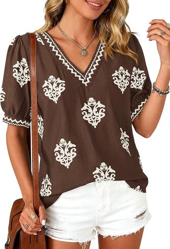 BTFBM Casual Summer T Shirts Going Out Tops for Women Beach Vacation Clothes Short Sleeve Blouses V Neck Boho Tunics in Kuwait
