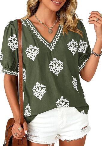 BTFBM Casual Summer T Shirts Going Out Tops for Women Beach Vacation Clothes Short Sleeve Blouses V Neck Boho Tunics in Kuwait
