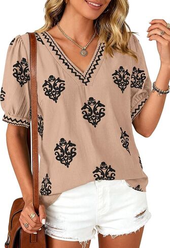BTFBM Casual Summer T Shirts Going Out Tops for Women Beach Vacation Clothes Short Sleeve Blouses V Neck Boho Tunics in Kuwait