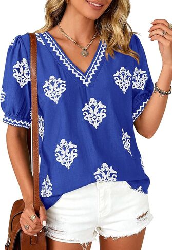 BTFBM Casual Summer T Shirts Going Out Tops for Women Beach Vacation Clothes Short Sleeve Blouses V Neck Boho Tunics in Kuwait