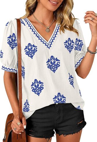 BTFBM Casual Summer T Shirts Going Out Tops for Women Beach Vacation Clothes Short Sleeve Blouses V Neck Boho Tunics in Kuwait