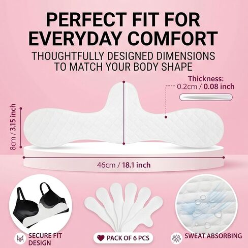 6 Pcs Bra Liners for Sweat Under Breasts, Cotton Washable Reusable Under Breast Pads for Women, Moisture Wicking Boob Sweat Absorber (17.32x5.9x0.03 in) White in Saudi Arabia