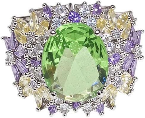 Silver Tone Peridot Rainbow Ring for Women, Oval Cubic Zirconia Statement Ring, Adjustable Luxury Cocktail Party Jewelry in Saudi Arabia