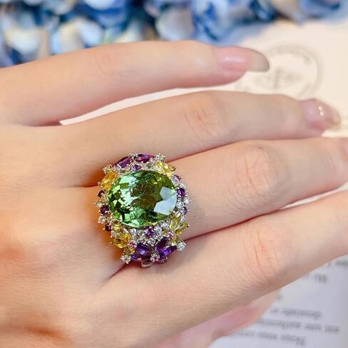 Silver Tone Peridot Rainbow Ring for Women, Oval Cubic Zirconia Statement Ring, Adjustable Luxury Cocktail Party Jewelry in Saudi Arabia