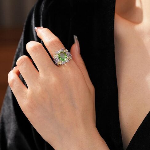 Silver Tone Peridot Rainbow Ring for Women, Oval Cubic Zirconia Statement Ring, Adjustable Luxury Cocktail Party Jewelry in Saudi Arabia