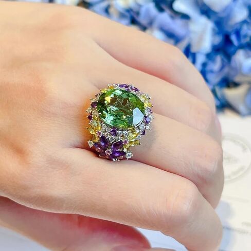 Silver Tone Peridot Rainbow Ring for Women, Oval Cubic Zirconia Statement Ring, Adjustable Luxury Cocktail Party Jewelry in Saudi Arabia