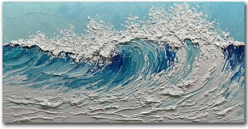 لوحة فنية جدارية من القماش على شكل V-inspire Modern Ocean Wave، مقاس 24 × 48 بوصة، لوحة زيتية ثلاثية الأبعاد مرسومة يدويًا، أزرق وأبيض in Kuwait