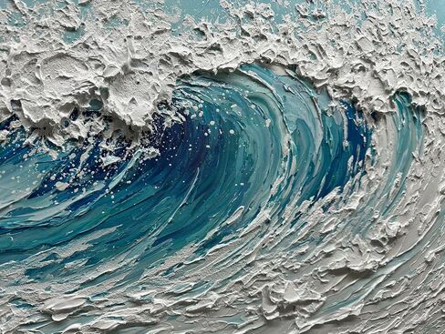 لوحة فنية جدارية من القماش على شكل V-inspire Modern Ocean Wave، مقاس 24 × 48 بوصة، لوحة زيتية ثلاثية الأبعاد مرسومة يدويًا، أزرق وأبيض in Kuwait