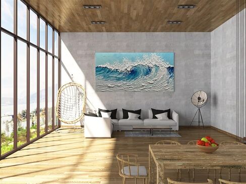 لوحة فنية جدارية من القماش على شكل V-inspire Modern Ocean Wave، مقاس 24 × 48 بوصة، لوحة زيتية ثلاثية الأبعاد مرسومة يدويًا، أزرق وأبيض in Kuwait