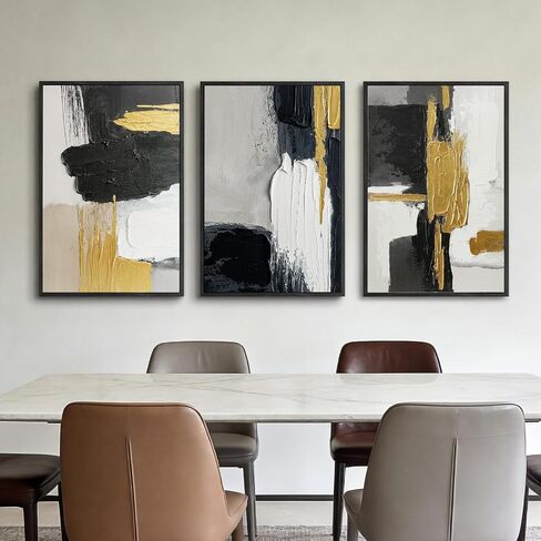 Extra Large Abstract Hand Applied Raised Paint Texture Canvas Wall Art Set of 3, Black White Gold Triptych Artwork Solid Wood Frame 24x36", Modern Oversized Luxury Living Room Office Bedroom Decor in Saudi Arabia