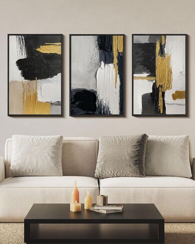 Extra Large Abstract Hand Applied Raised Paint Texture Canvas Wall Art Set of 3, Black White Gold Triptych Artwork Solid Wood Frame 24x36", Modern Oversized Luxury Living Room Office Bedroom Decor in Saudi Arabia