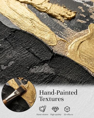 Extra Large Abstract Hand Applied Raised Paint Texture Canvas Wall Art Set of 3, Black White Gold Triptych Artwork Solid Wood Frame 24x36", Modern Oversized Luxury Living Room Office Bedroom Decor in Saudi Arabia