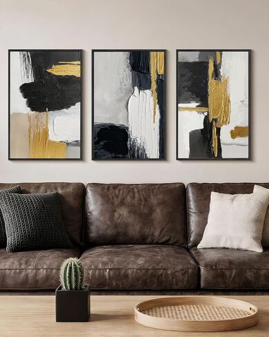 Extra Large Abstract Hand Applied Raised Paint Texture Canvas Wall Art Set of 3, Black White Gold Triptych Artwork Solid Wood Frame 24x36", Modern Oversized Luxury Living Room Office Bedroom Decor in Saudi Arabia