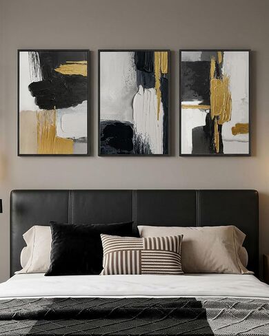 Extra Large Abstract Hand Applied Raised Paint Texture Canvas Wall Art Set of 3, Black White Gold Triptych Artwork Solid Wood Frame 24x36", Modern Oversized Luxury Living Room Office Bedroom Decor in Saudi Arabia