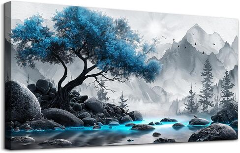 Lapremoly Black And White Wall Painting Canvas Art For Living Room, Office, Bedroom - Blue Tree Landscape Pictures - Hotel Artwork Posters - Family Home Wall Decoration in Saudi Arabia