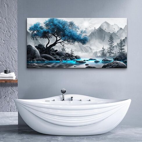 Lapremoly Black And White Wall Painting Canvas Art For Living Room, Office, Bedroom - Blue Tree Landscape Pictures - Hotel Artwork Posters - Family Home Wall Decoration in Saudi Arabia