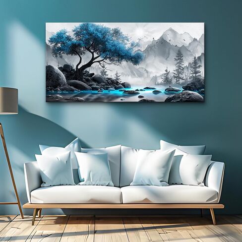 Lapremoly Black And White Wall Painting Canvas Art For Living Room, Office, Bedroom - Blue Tree Landscape Pictures - Hotel Artwork Posters - Family Home Wall Decoration in Saudi Arabia