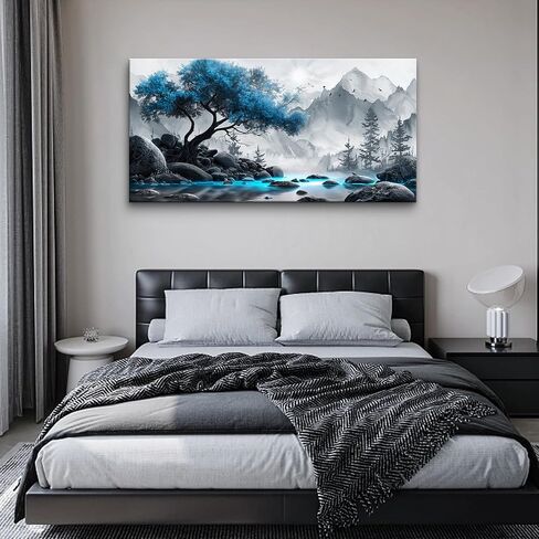 Lapremoly Black And White Wall Painting Canvas Art For Living Room, Office, Bedroom - Blue Tree Landscape Pictures - Hotel Artwork Posters - Family Home Wall Decoration in Saudi Arabia