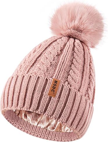 MSDC Satin Lined Beanie for Women with Pom Pom, Warm Womens Winter Hats with Silk Lined, Fashionable Knit Beanie Skull Cap in Saudi Arabia