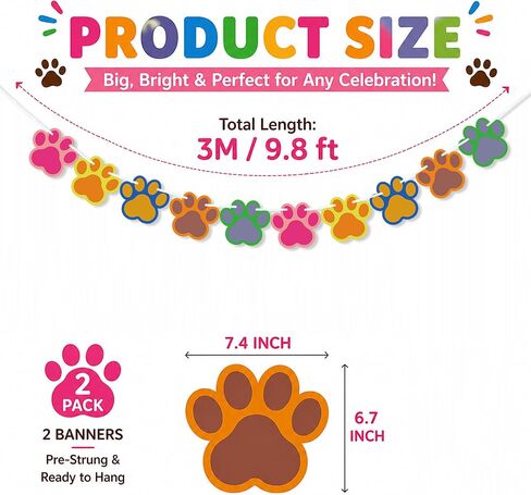 2PCS Puppy Paw Print Banner Dog Birthday Decorations, Let's Pawty Birthday Party Supplies Banner for Pet Girl Boy Kids Baby Shower Decor in Kuwait