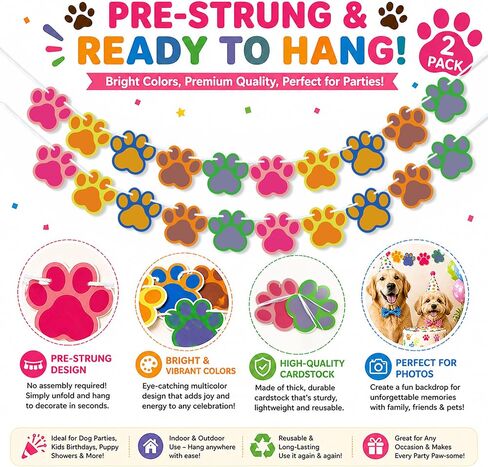 2PCS Puppy Paw Print Banner Dog Birthday Decorations, Let's Pawty Birthday Party Supplies Banner for Pet Girl Boy Kids Baby Shower Decor in Kuwait