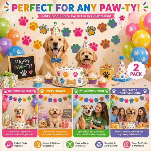 2PCS Puppy Paw Print Banner Dog Birthday Decorations, Let's Pawty Birthday Party Supplies Banner for Pet Girl Boy Kids Baby Shower Decor in Kuwait