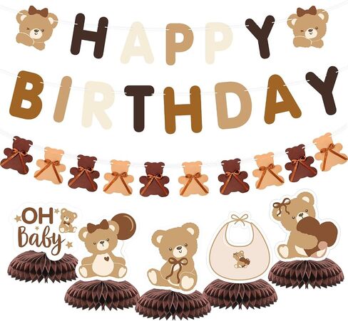 7pcs Teddy Bear Baby Shower Decorations, including 1pcs Bear Happy Birthday Banner 1pc Brown Bear Bow Patter Gender Reveal Banner,5pcs Bear Theme Honeycomb Centerpieces Decor for Bearly Wait Woodland Bear First Birthday Party Supplies in Saudi Arabia