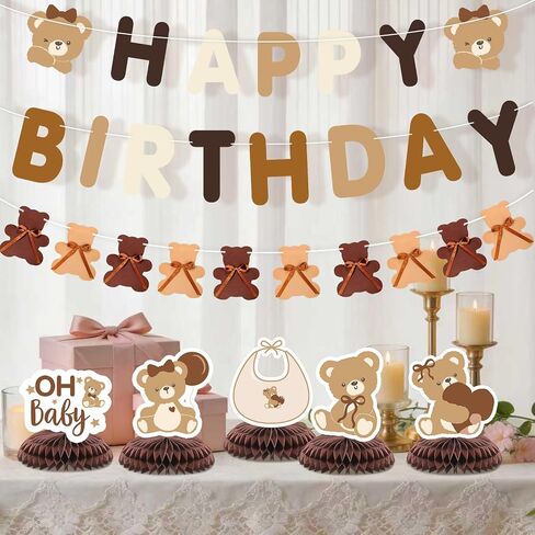 7pcs Teddy Bear Baby Shower Decorations, including 1pcs Bear Happy Birthday Banner 1pc Brown Bear Bow Patter Gender Reveal Banner,5pcs Bear Theme Honeycomb Centerpieces Decor for Bearly Wait Woodland Bear First Birthday Party Supplies in Saudi Arabia